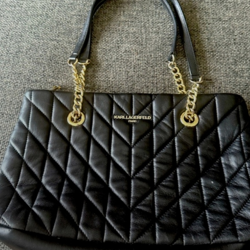 Karl Lagerfeld Paris Karolina Black Quilted Chevron Leather Chain Tote Bag